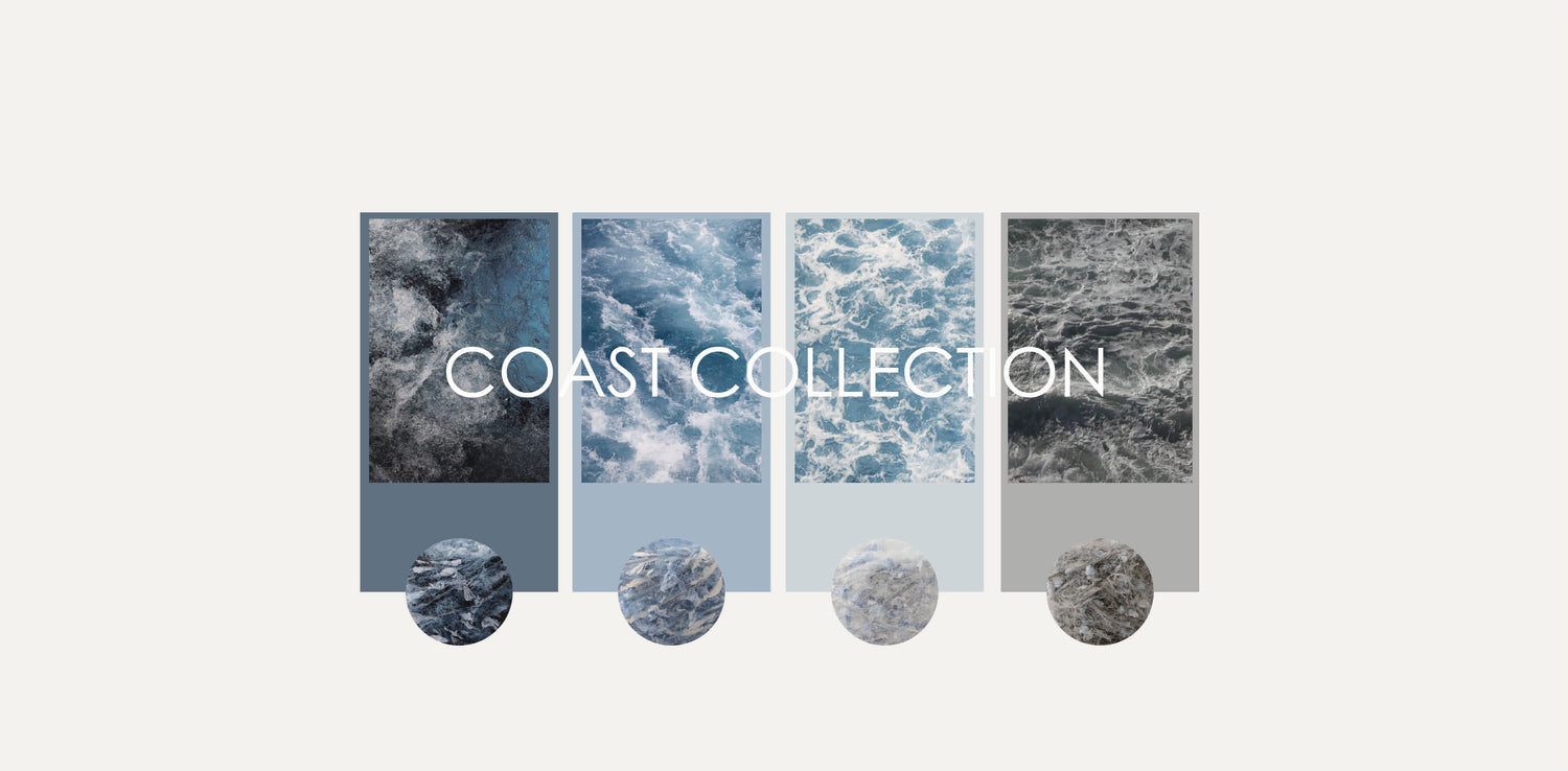 Coast Collection — hand-blended yarns in layered blues and greys, inspired by sea, wind, and horizon calm