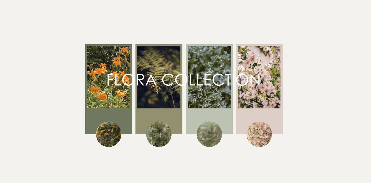 Flora Collection — hand-blended yarns in soft greens, pinks, and lilacs inspired by flowers and spring light.
